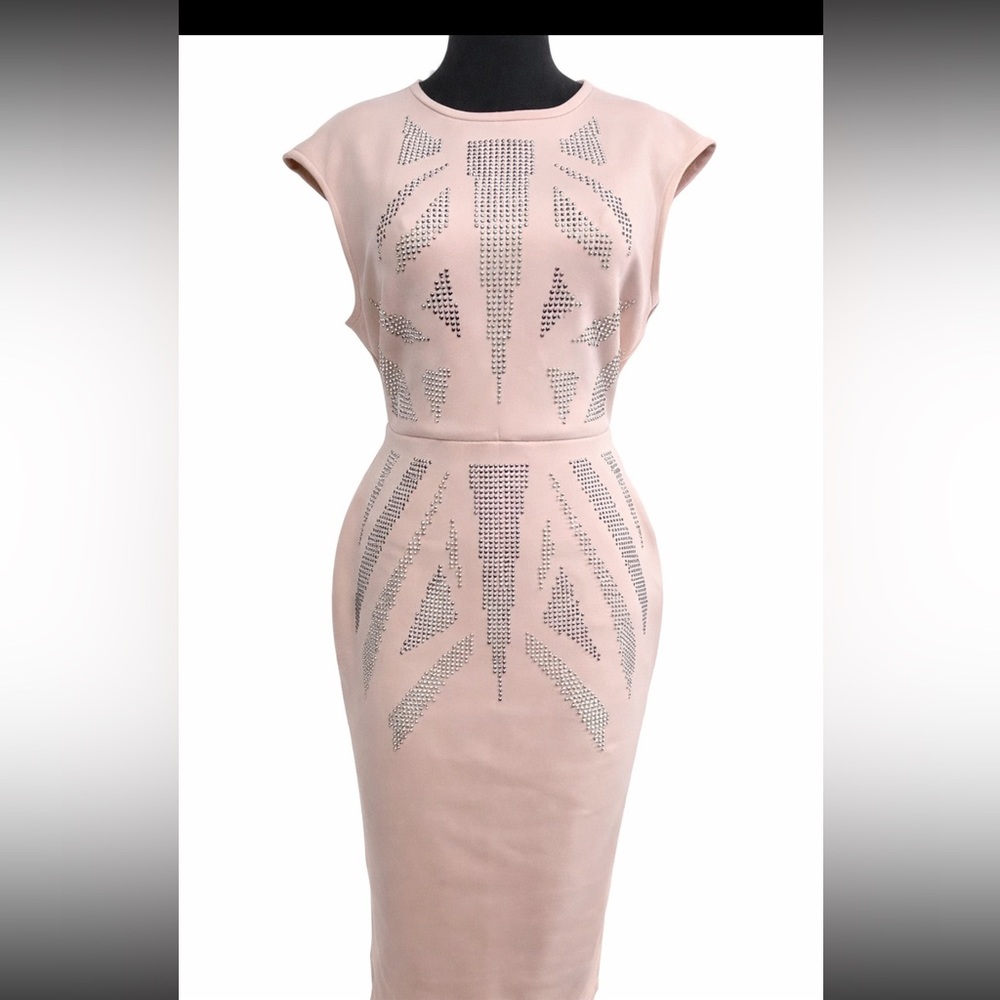 ASOS Blush Pink Studded Art Deco Bodycon Midi Dress Glam Cocktail US 12